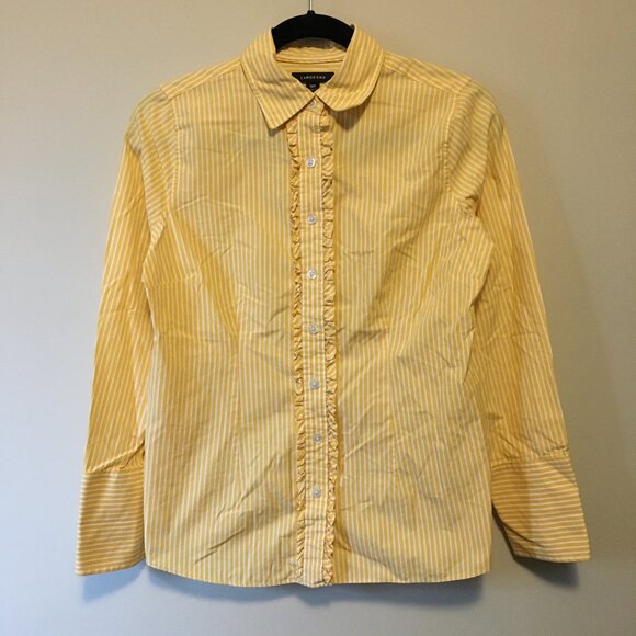 Lands' End Yellow & White Pinstripe Ruffle Trim Button Down Shirt - Picture 1 of 16